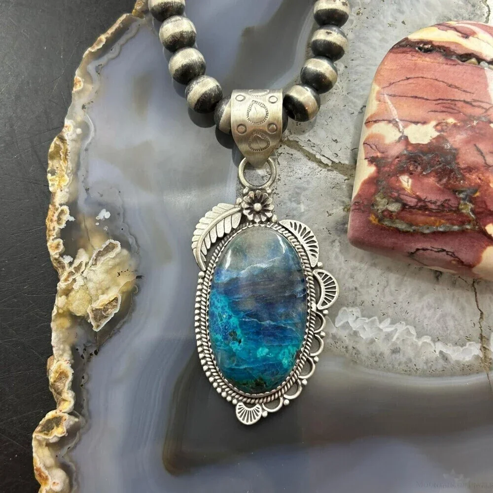 Sterling Southwestern Style Elongated Shattuckite Decorated Pendant For Women